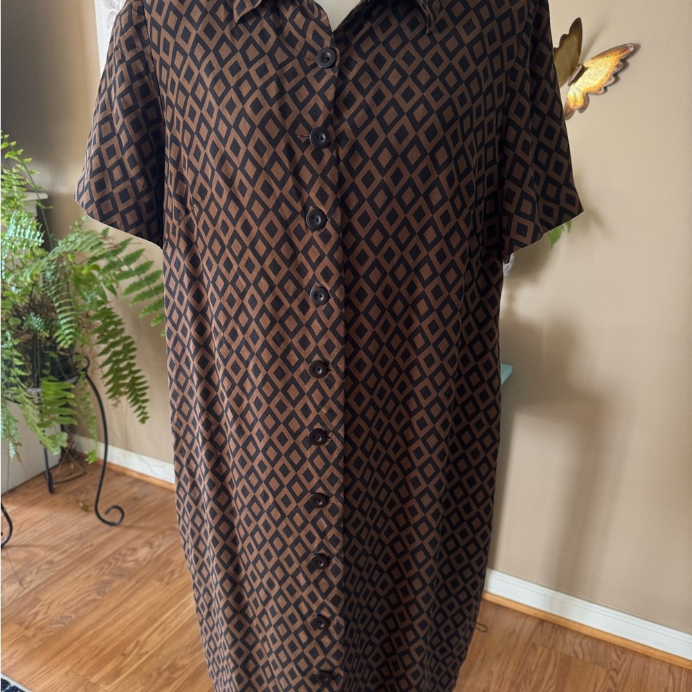Spencer Jeremy Women’s Petite Vintage 90’s Brown Geometric Button-Up Shirt Dress